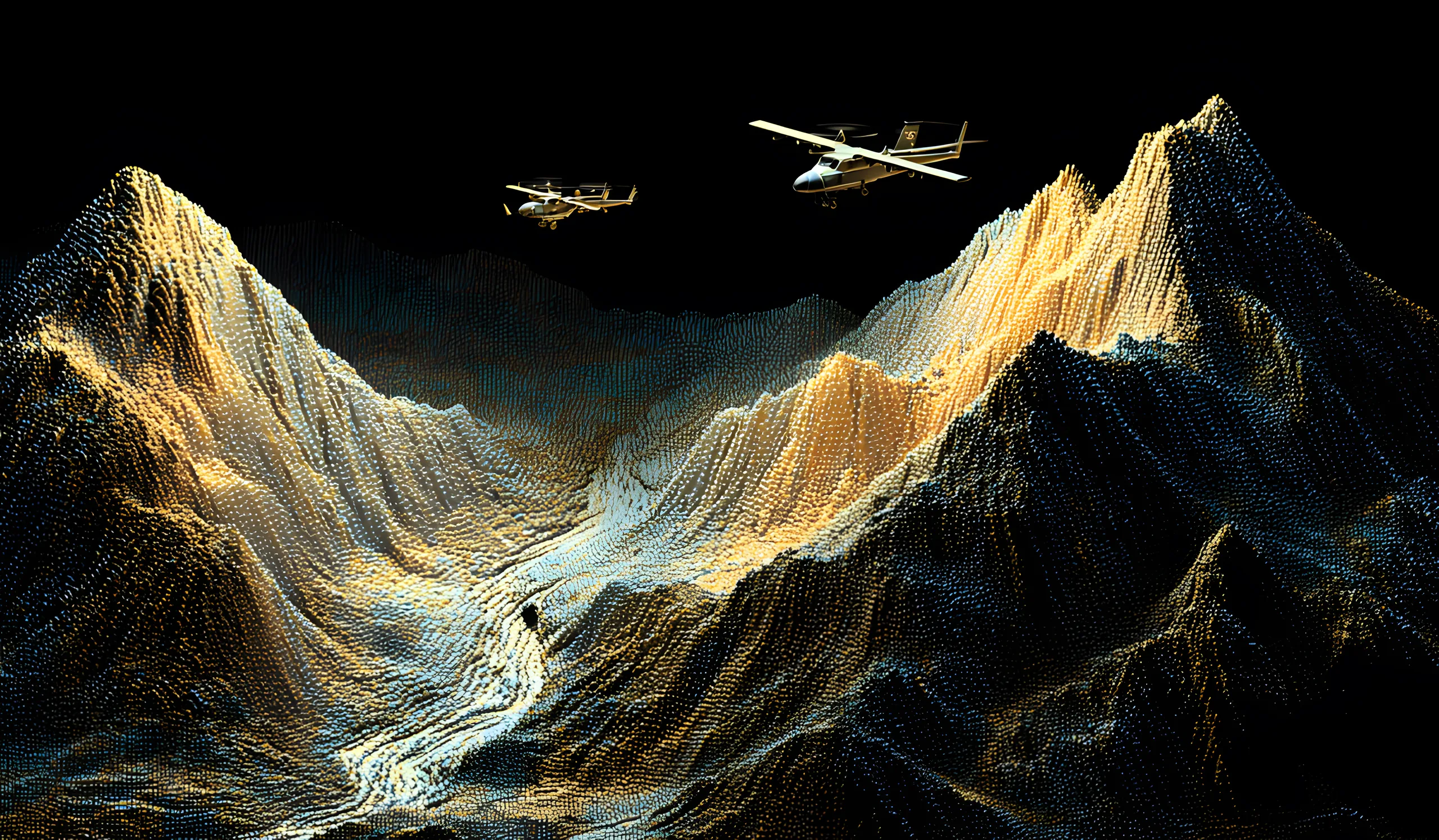 Two small airplanes fly over a stylized, glowing mountain landscape made of tiny illuminated dots.