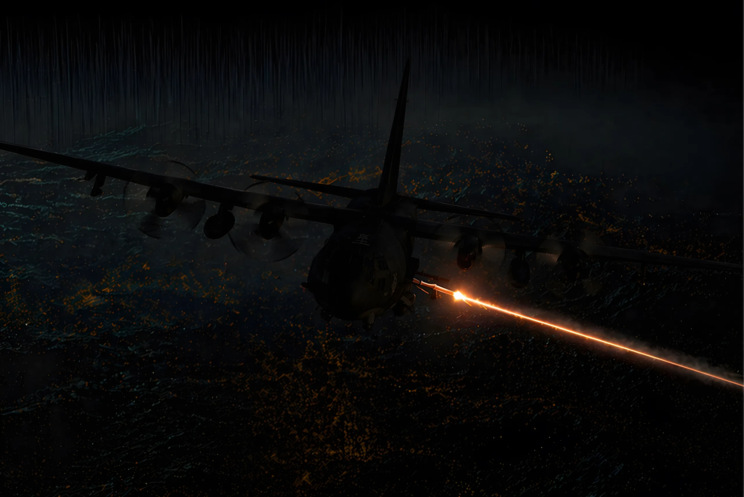 A military aircraft fires a bright orange laser beam over a dark, illuminated landscape at night.