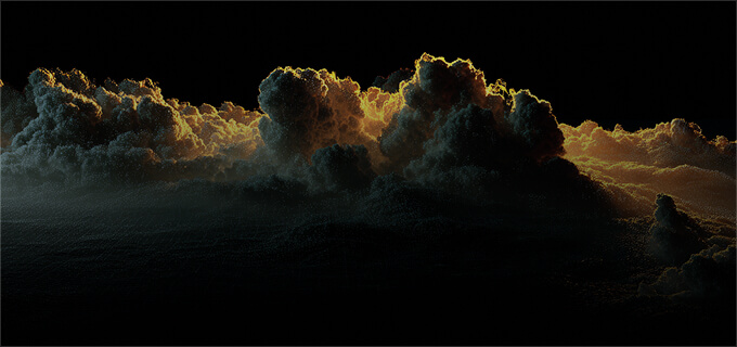 Dark storm clouds are illuminated by golden light along their edges against a black sky.