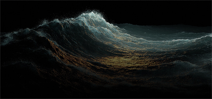 Large ocean wave with white foam crests and golden light reflecting off the dark water surface.
