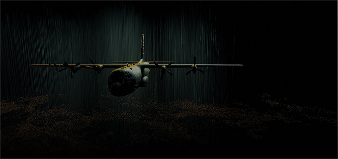 A large propeller aircraft flies through rain in a dark, atmospheric scene with scattered illuminated particles.