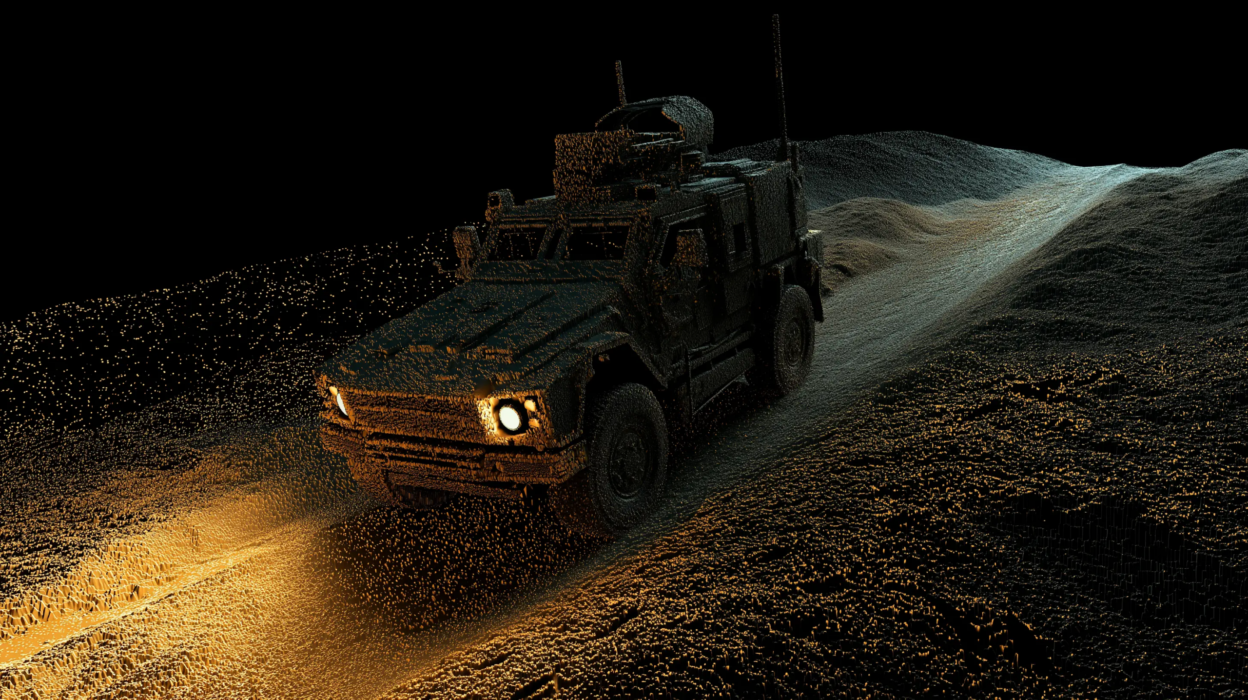 A military vehicle with headlights on drives along a rugged, illuminated dirt road at night.