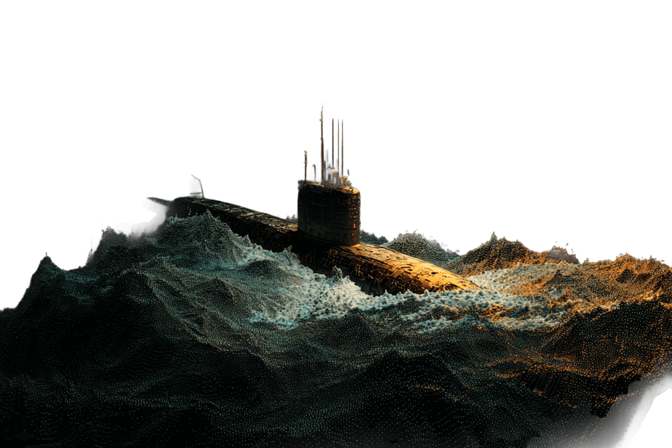 A submarine navigates through stylized, digital waves with dramatic lighting against a black background.