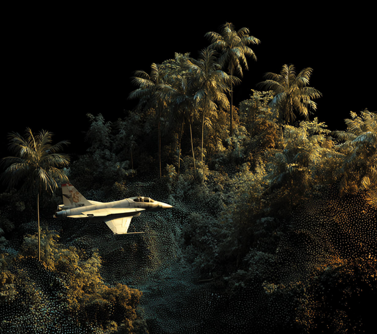 A fighter jet flies low over dense, sunlit jungle with tall palm trees against a black background.