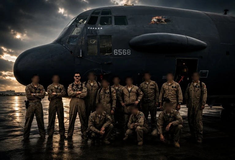 A group of uniformed military personnel pose in front of a large aircraft on a wet tarmac at dusk.