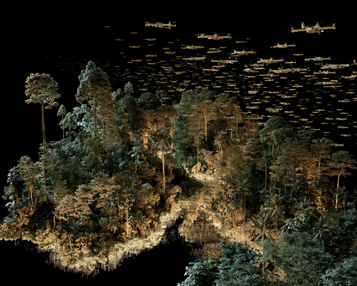 Dense digital forest with tall trees is illuminated against a black background, with numerous drones flying overhead.