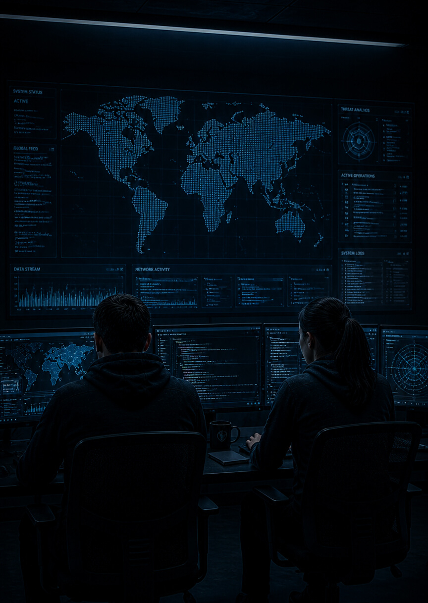 Two people sit at computer desks in a dark room, analyzing data on multiple monitors with a world map display.
