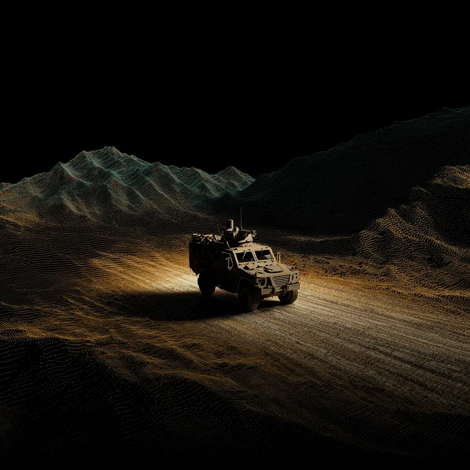 An autonomous military vehicle drives along a rugged, illuminated path surrounded by digital terrain in darkness.