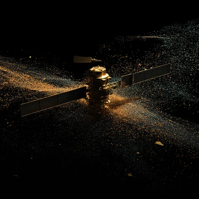 A satellite with large solar panels orbits in space surrounded by glowing particles and debris.