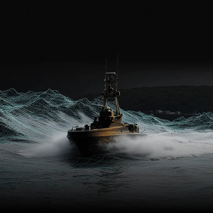 A maritime vessel speeds across water with digital wave patterns surrounding it under a dark sky.