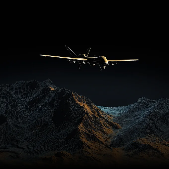 A drone flies above dark, wireframe mountains illuminated with golden and blue highlights against a black background.