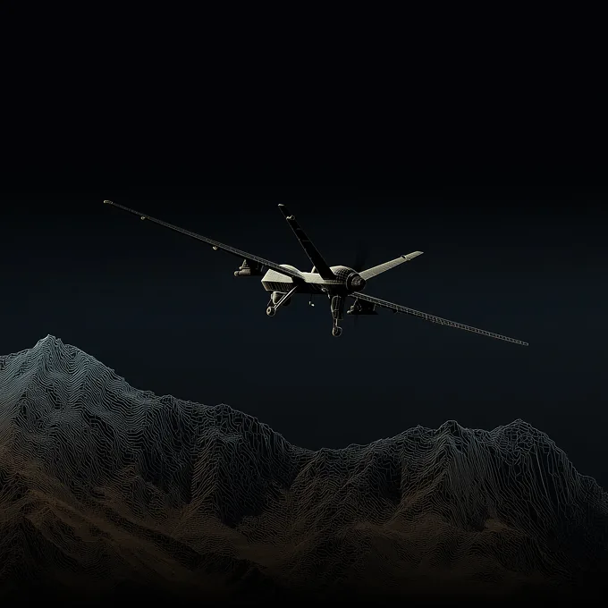 A military drone flies above dark, stylized mountain terrain under a black sky.