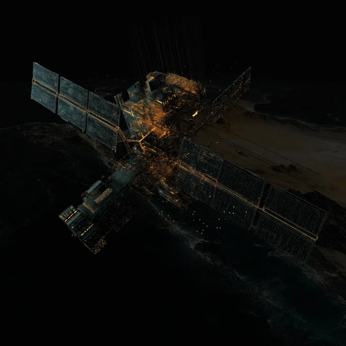 A satellite in space appears to be breaking apart with glowing debris scattering around it.