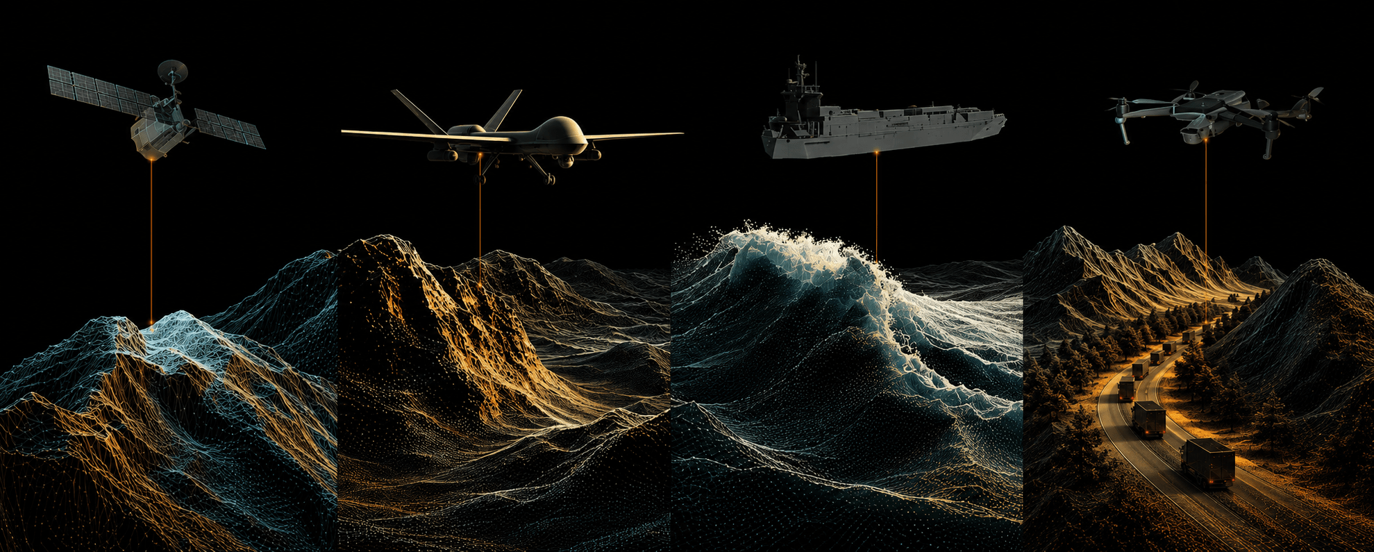 A satellite, drone, ship, and quadcopter connect to digital landscapes of mountains, ocean waves, and a convoy on a road.