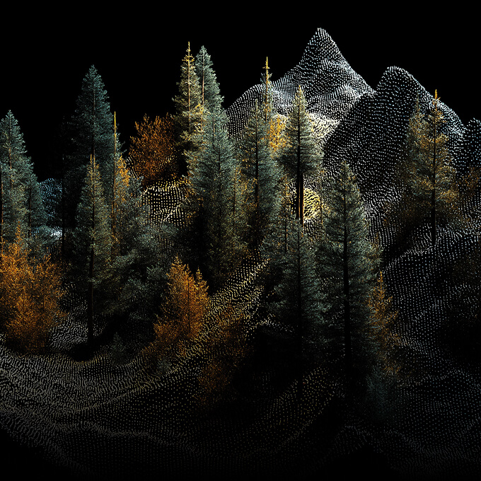 Pine trees and autumn foliage are rendered in a digital pointillist style against dark mountains.