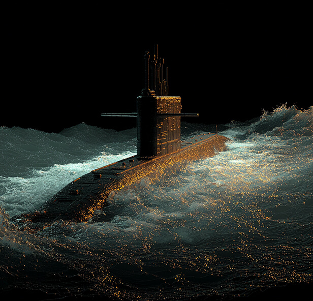 A submarine moves through turbulent water, illuminated by glowing orange and blue digital particles.