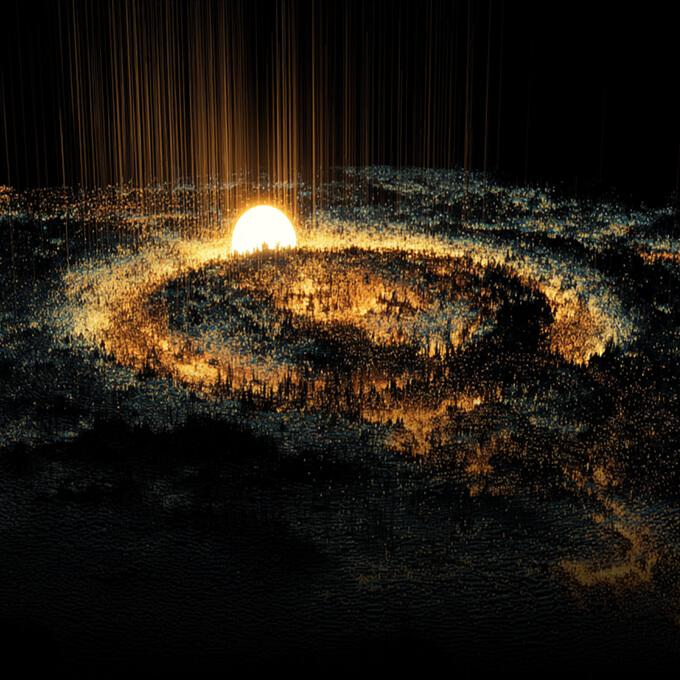 A glowing sphere emits light at the center of swirling golden and dark digital particles against a black background.