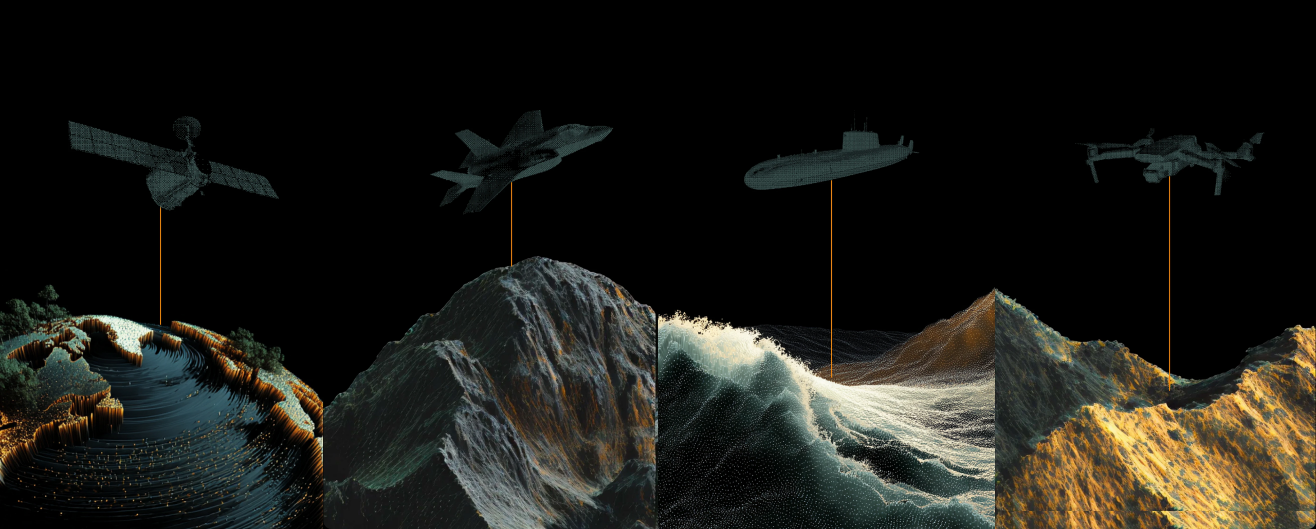 A satellite, jet, submarine, and drone hover above stylized landscapes, each connected by an orange line.