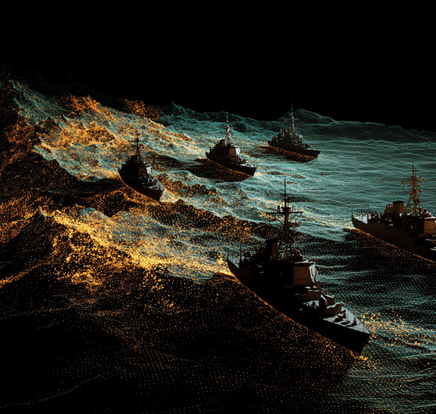 Five warships sail through digital waves illuminated with glowing orange and blue light patterns.
