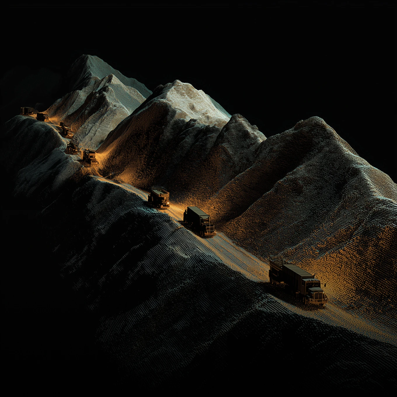 Military trucks travel along a winding mountain road illuminated by a warm, golden light.