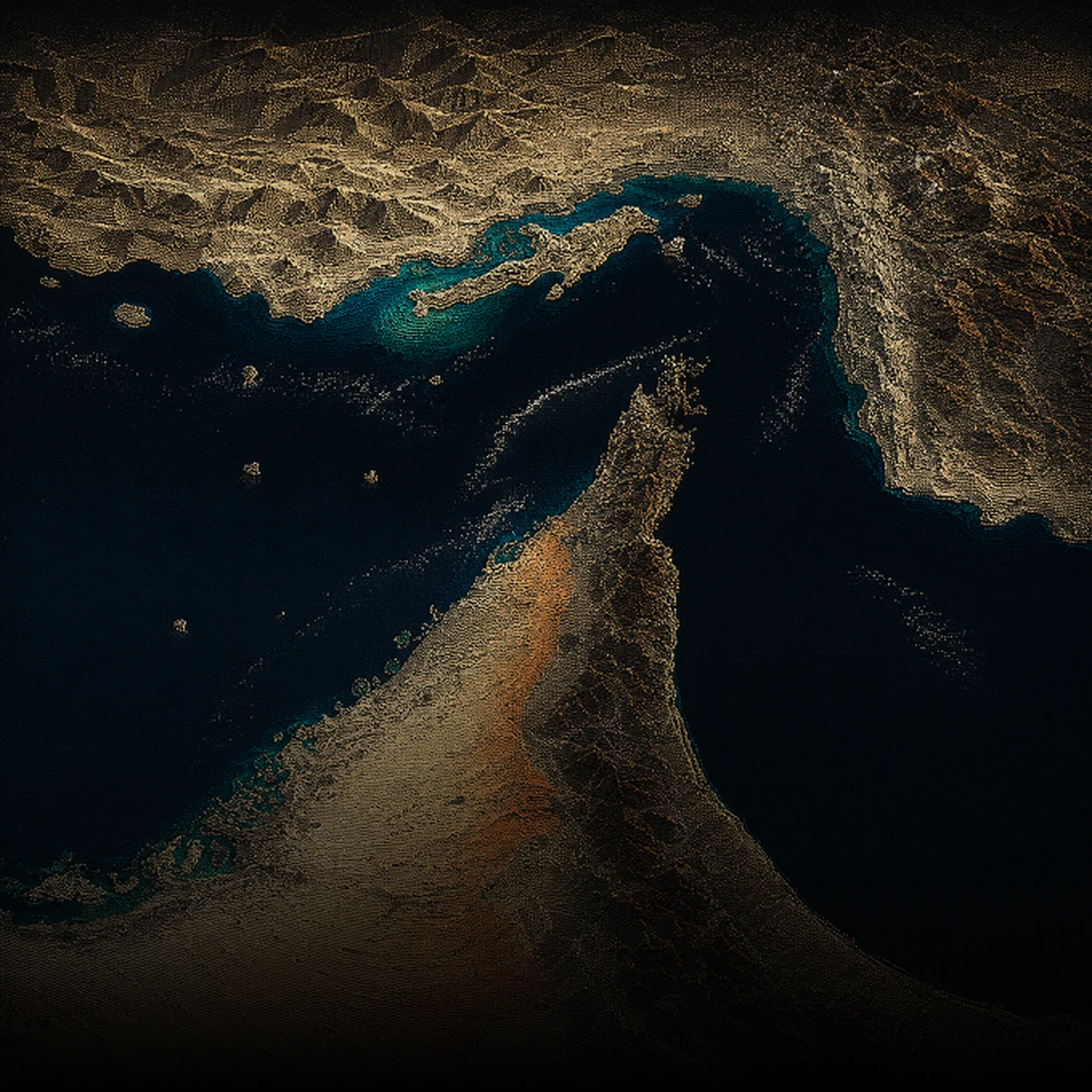 A detailed, textured satellite view of a coastal region with mountains, peninsulas, and deep blue water.