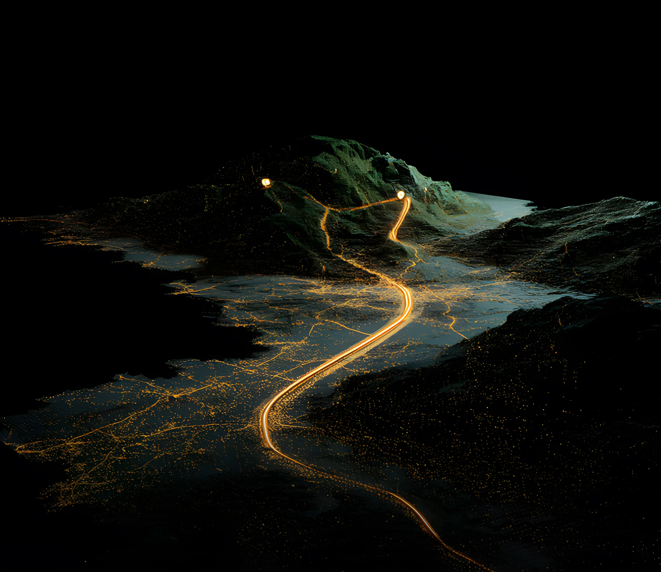 A glowing network of orange lines and dots winds through a dark mountainous landscape, highlighting digital connectivity.
