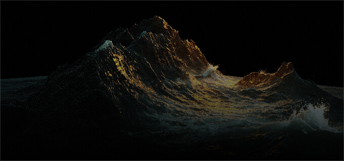 Golden light highlights digital waves and peaks against a dark background, creating a dramatic, abstract landscape.