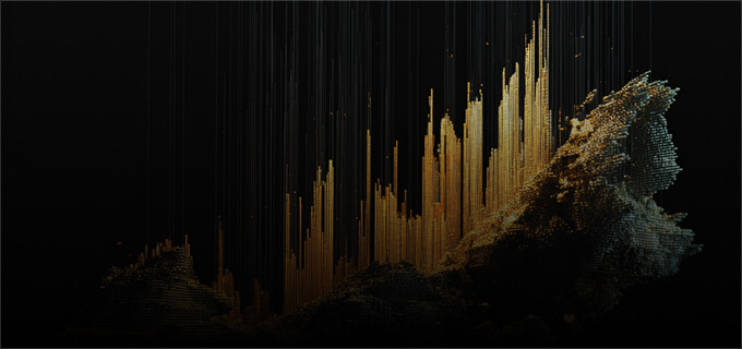 Golden vertical bars and pixelated clusters rise from a dark background, resembling abstract data visualization.
