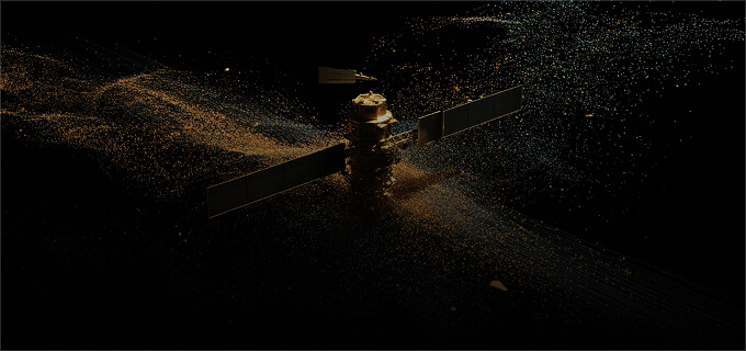 A satellite with extended solar panels floats in space surrounded by glowing particles and debris.