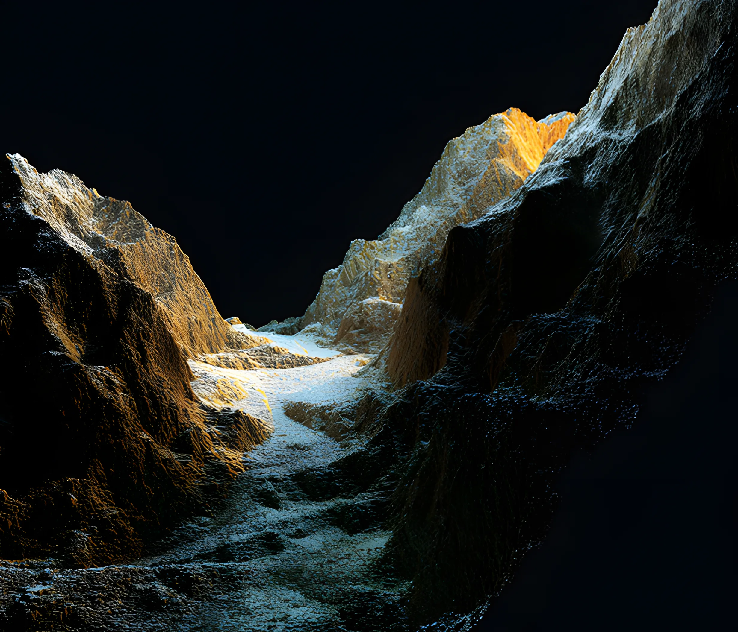 Rocky, snow-dusted mountains rise sharply under dramatic lighting against a dark, empty sky.