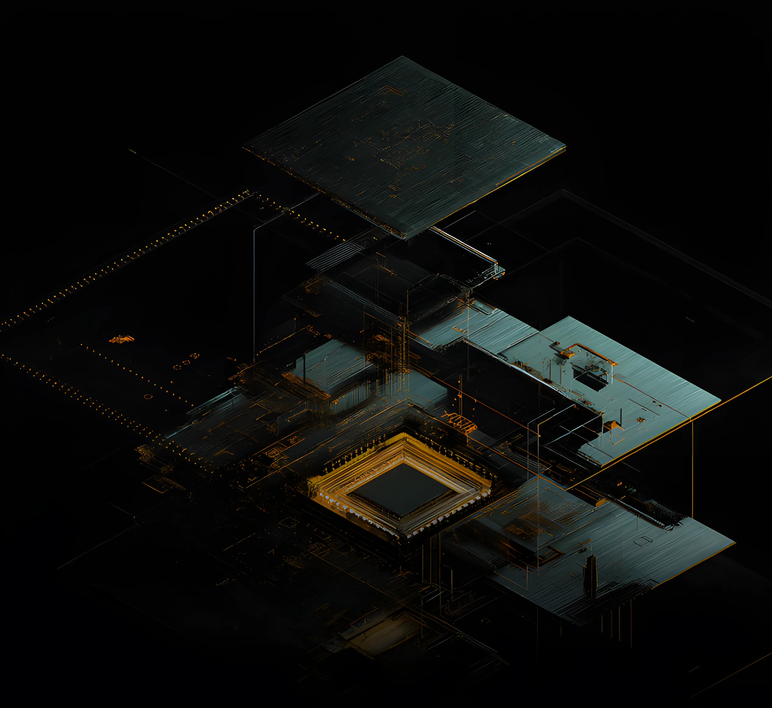 Futuristic circuit board layers with glowing gold and teal lines form a complex technology structure on a dark background.