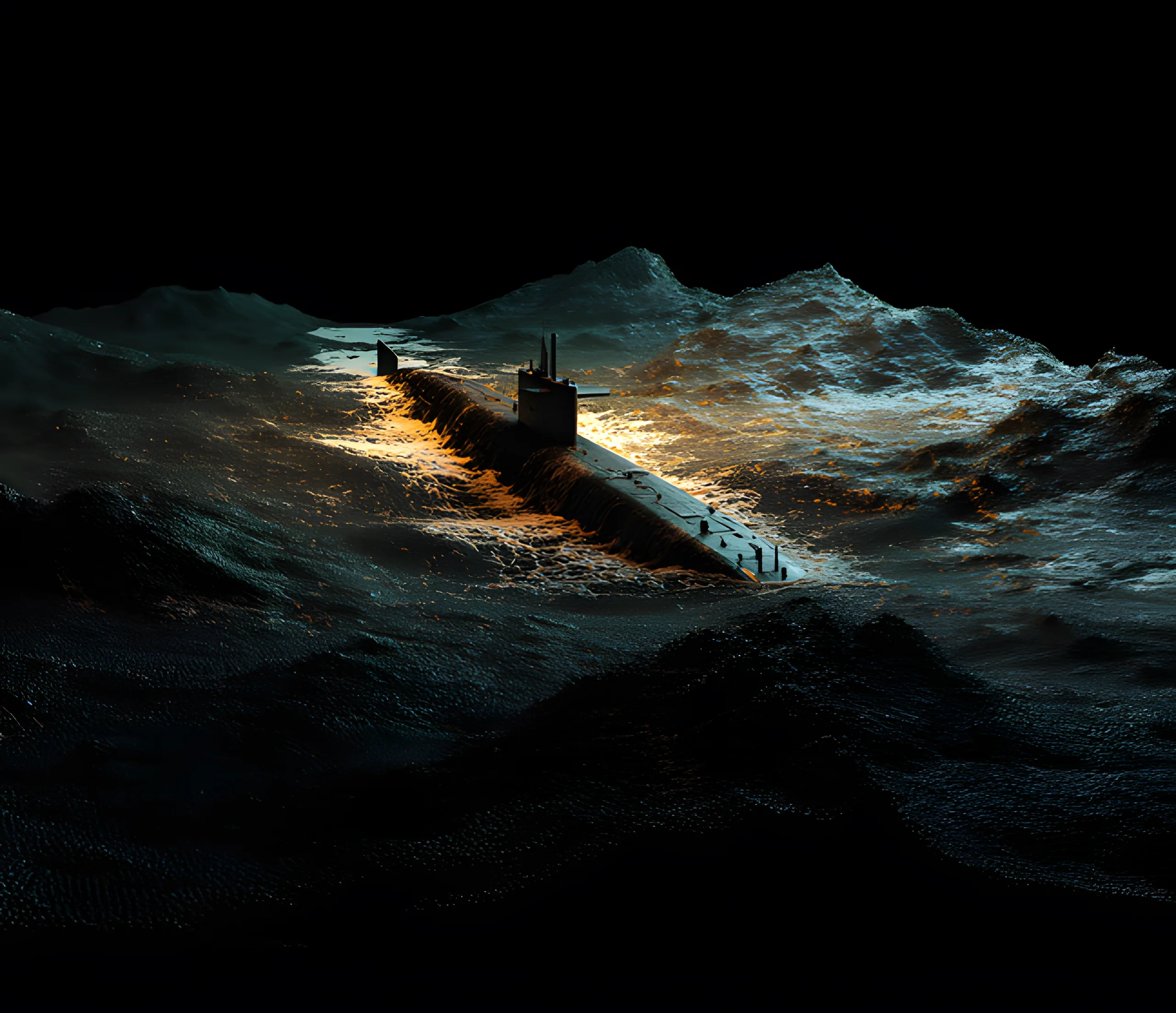 A submarine illuminated by golden light travels through dark, choppy ocean waves at night.