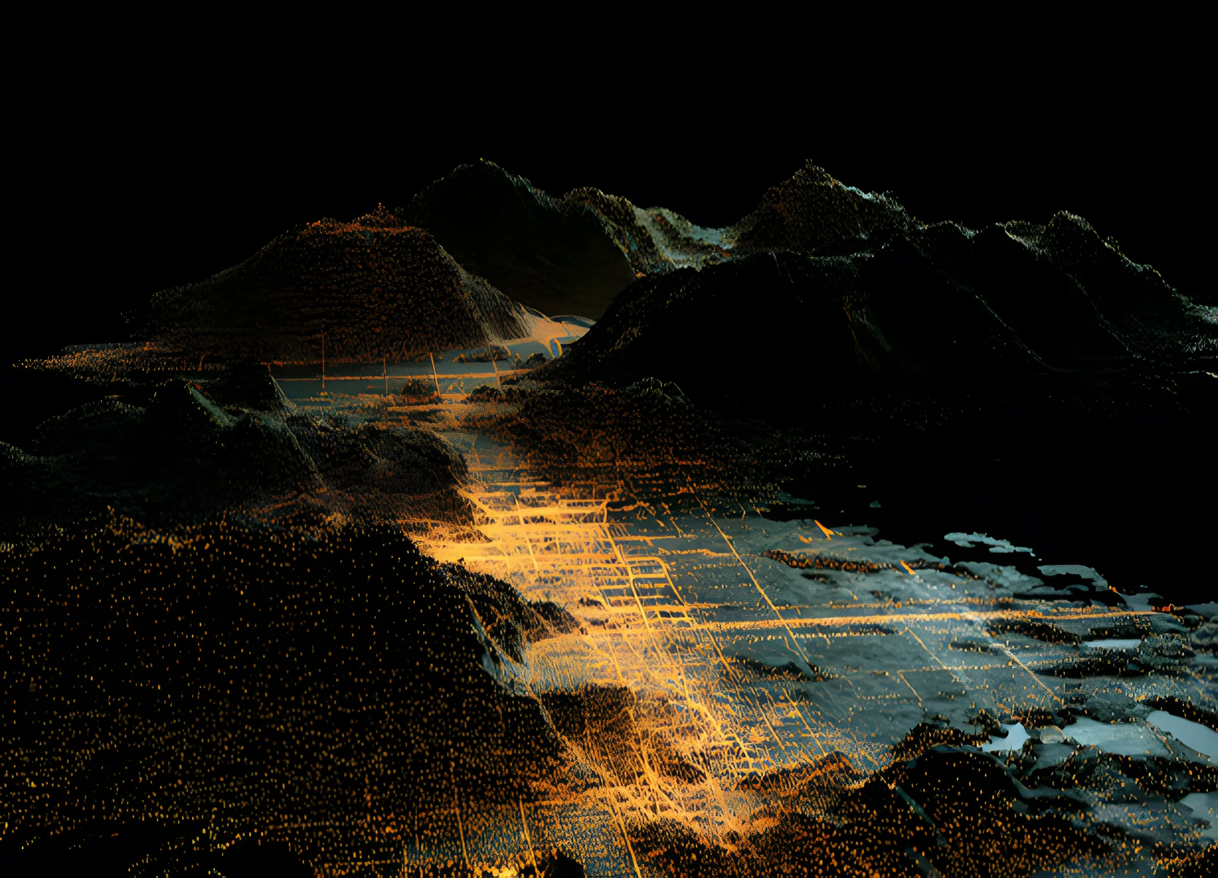 Digital landscape of mountains and valleys with glowing orange grid lines and data points overlaying the terrain.