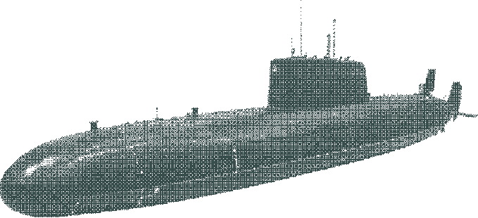 A large, modern submarine with a prominent conning tower and antennas is depicted against a white background.